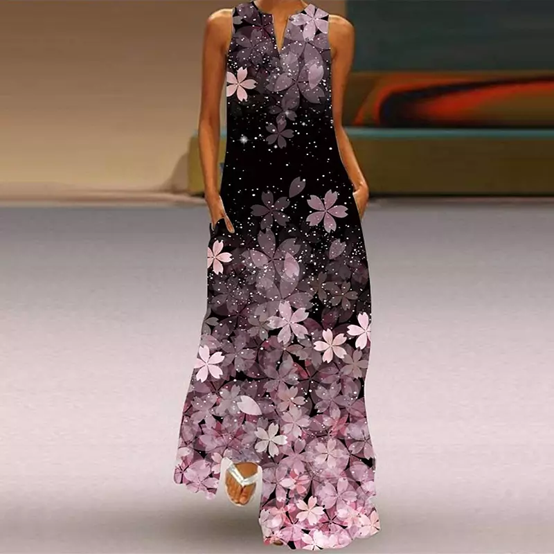 come4buy.com Summer Floral Sleeveless V-neck Long Dress