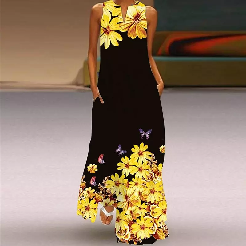 come4buy.com Summer Floral Sleeveless V-neck Long Dress
