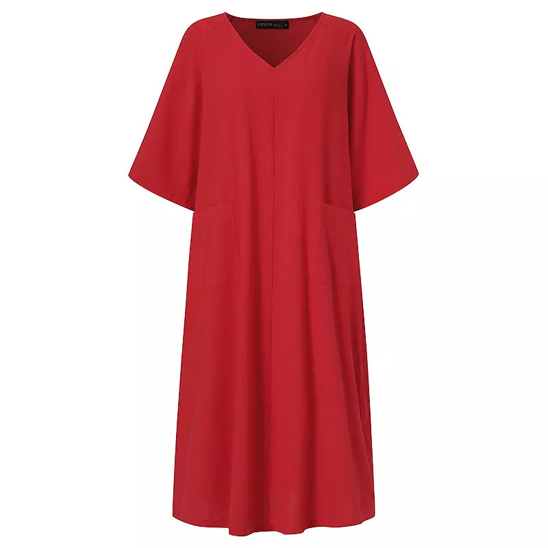 come4buy.com-Women Cotton Midi Casual Solid Long Sundress Female Loose V-neck