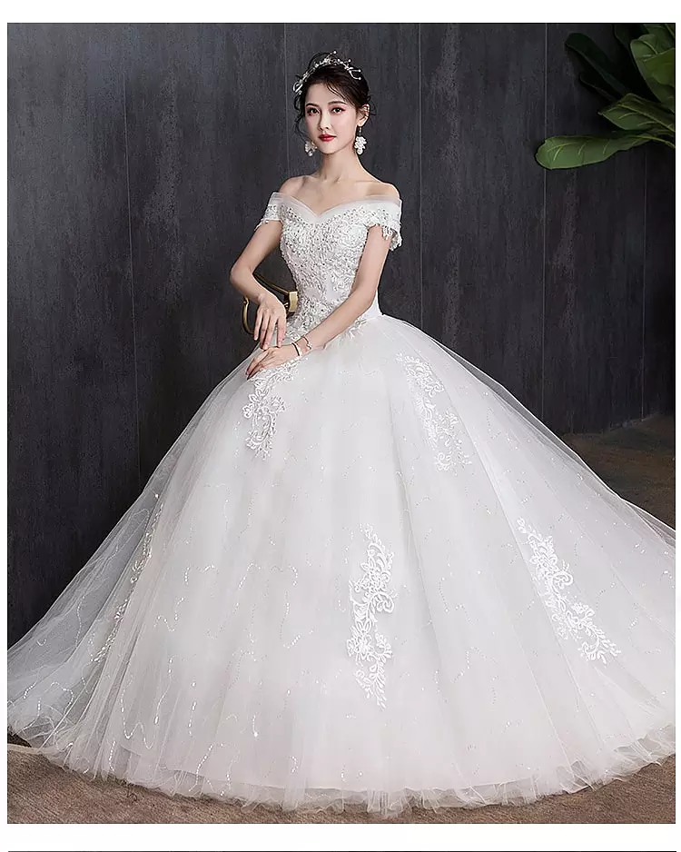 come4buy.com-Off Shoulder Pearls Lace Wedding Dress