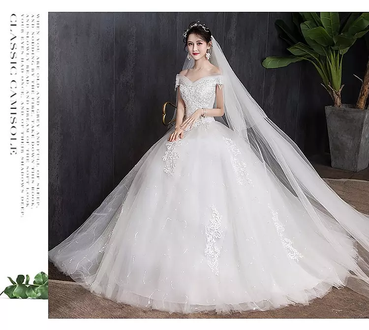 come4buy.com-Off Shoulder Pearls Lace Wedding Dress
