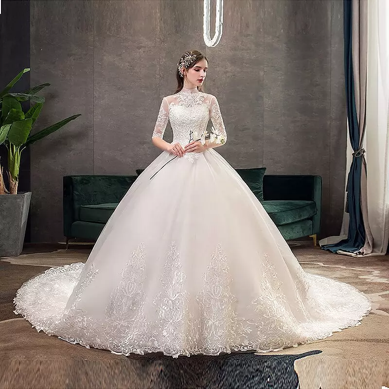 come4buy.com-High Neck Half Sleeve Wedding Gown Vintage Bridal Gown