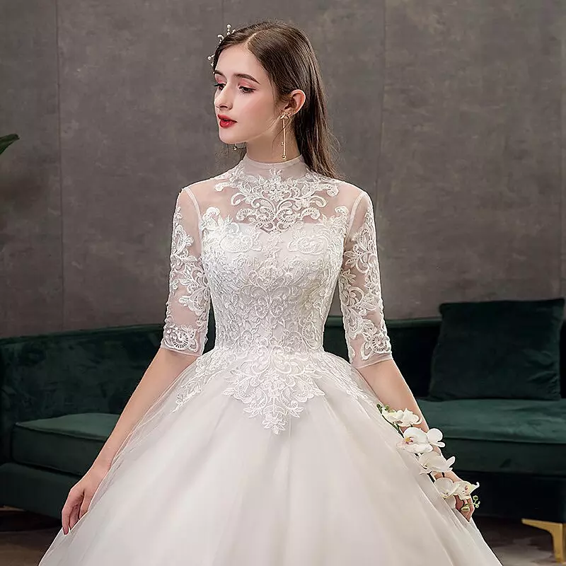 come4buy.com-High Neck Half Sleeve Wedding Gown Vintage Bridal Gown