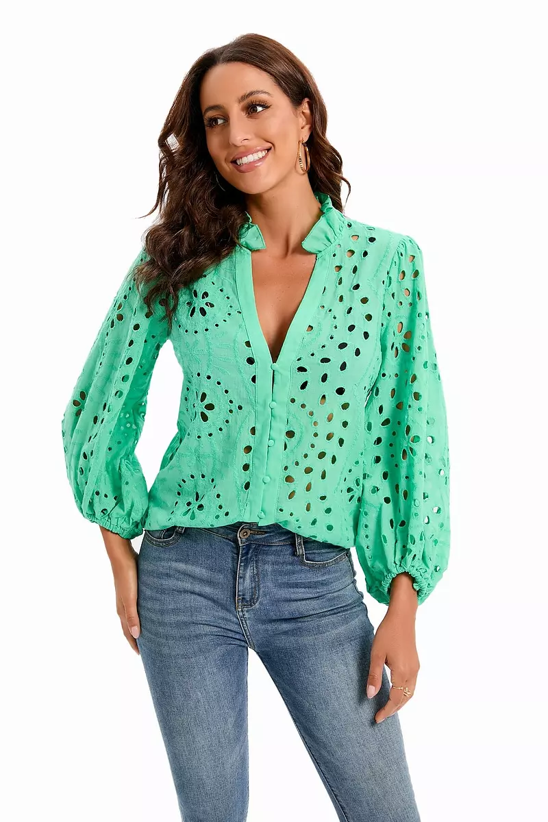 come4buy.com-Camisa de encaje para mujer Blusa de algodón hueca