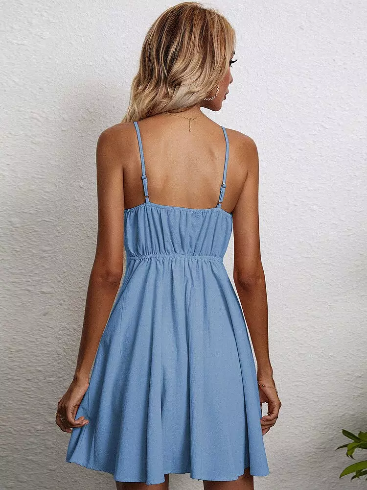 come4buy.com-Fashion Sweet V Neck Cotton Linen Mini Dresses