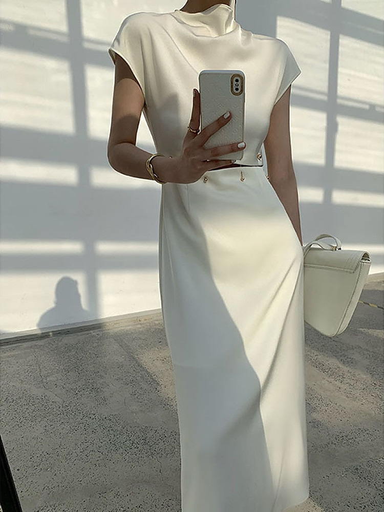 come4buy.com-Elegante hvide højtaljede lange kjoler med udskæring