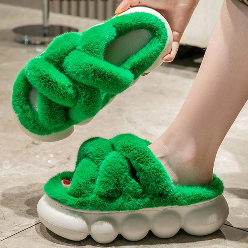 come4buy.com-Faux Fur Thick Bottom Slippers Fluffy Warm Plush Slides