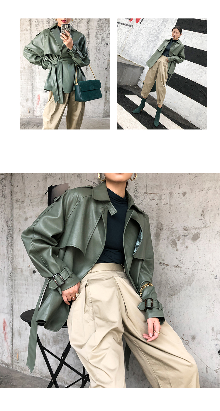 come4buy.com-Green Faux PU Leather Casual with Belt Biker Coat