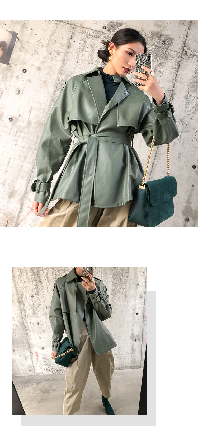 come4buy.com-Green Faux PU Leather Casual with Belt Biker Coat