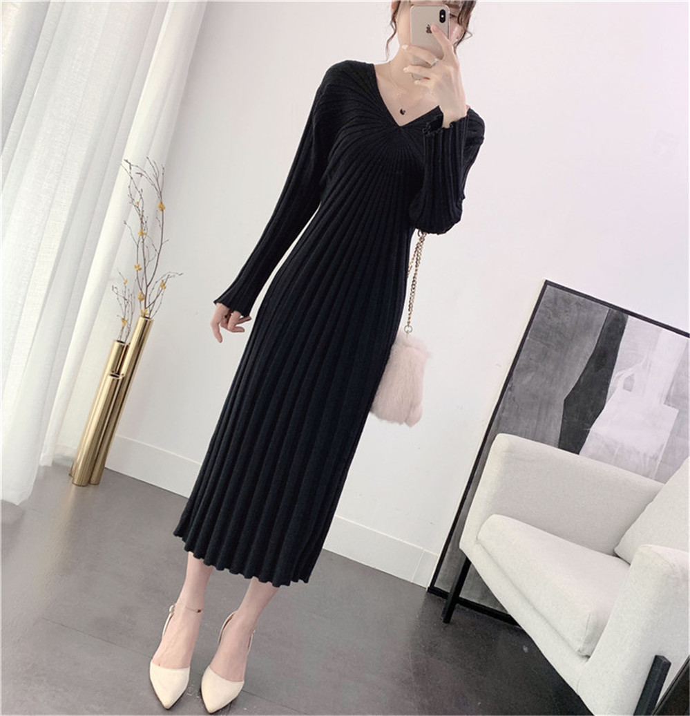 come4buy.com-Sexy V Neck Women Knitted Sweater Maxi Dresses