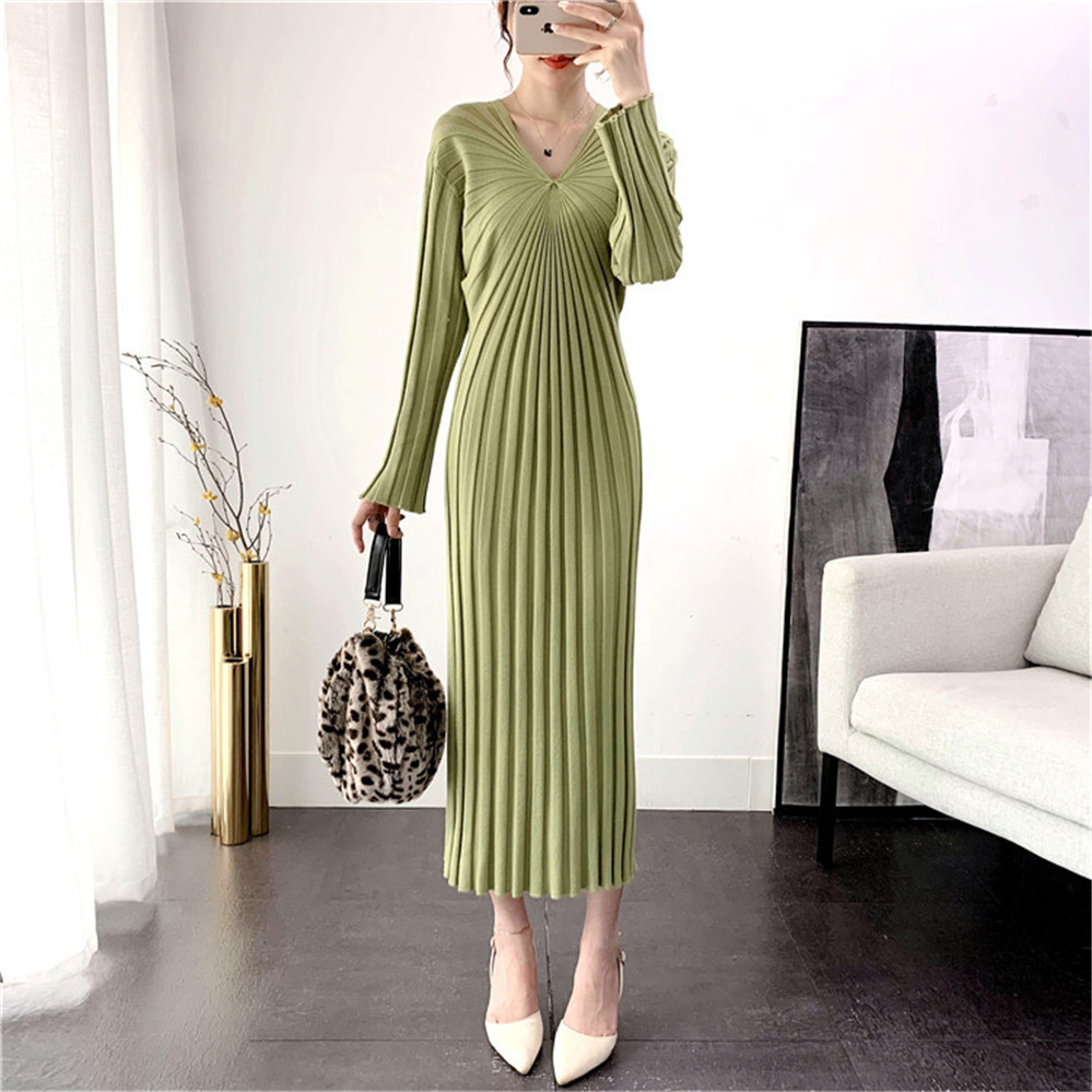 come4buy.com-Sexy V Neck Women Knitted Sweater Maxi Dresses