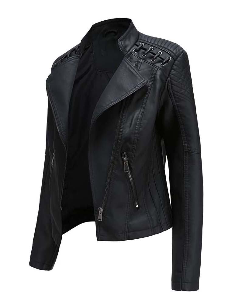 come4buy.com-Faux Leather Jacket Women Long Sleeve Zipper Slim Blazer