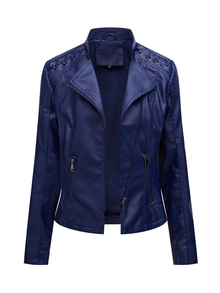 come4buy.com-Faux Leather Jacket Women Long Sleeve Zipper Slim Blazer