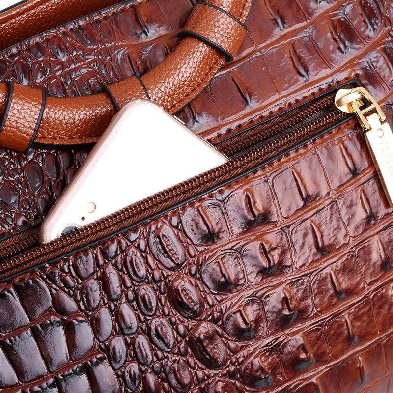 come4buy.com-Women Tote Retro Coffee Shoulder Bag Crocodile Leather Handbag