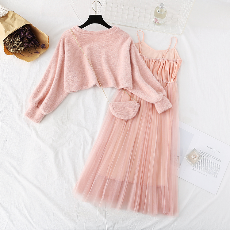 come4buy.com-Women Sweet Two Pieces Suit Knitted Sweater O Neck Sweaters and Dress Set