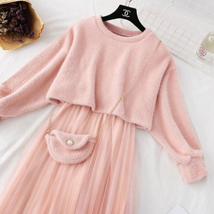 come4buy.com-Women Sweet Two Pieces Suit Knitted Sweater O Neck Sweaters and Dress Set