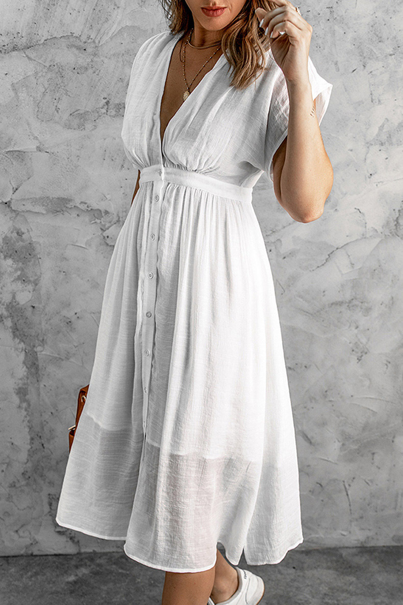 come4buy.com-White V-neck Short Sleeve Sexy Women Midi Dresses