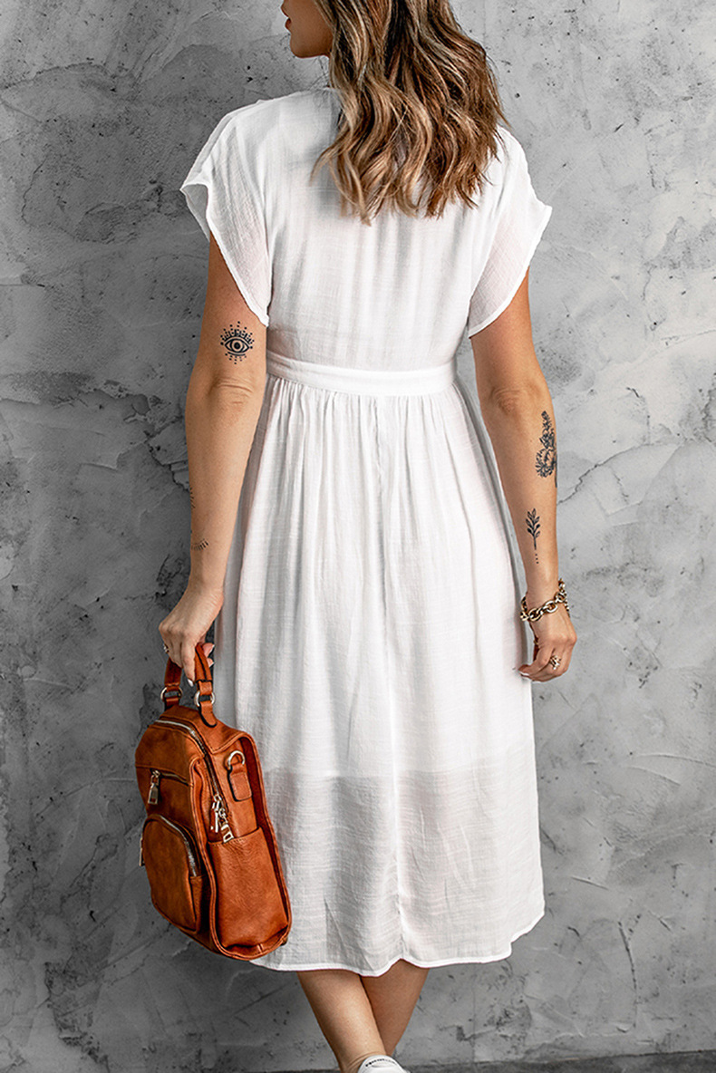 come4buy.com-White V-neck Short Sleeve Sexy Women Midi Dresses
