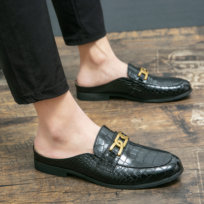 come4buy.com-Pria Setengah Sepatu Hitam Sandal Fashion Loafers Kulit