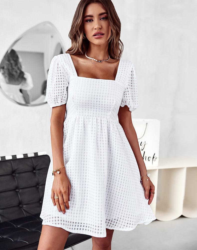 come4buy.com-Summer Women Solid Color Square Collar Short Sleeve Dress