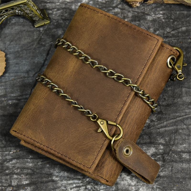 come4buy.com-Men Genuine Leather Short Wallet With Chain Zipper