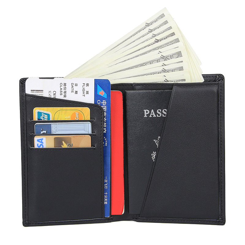 come4buy.com-Black Leather Travel Passport Holder Case Men Long Wallets