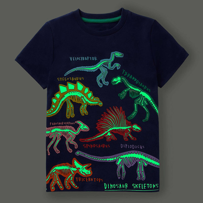 come4buy.com-Модна детска светеща тениска с карикатура на динозаври и акула