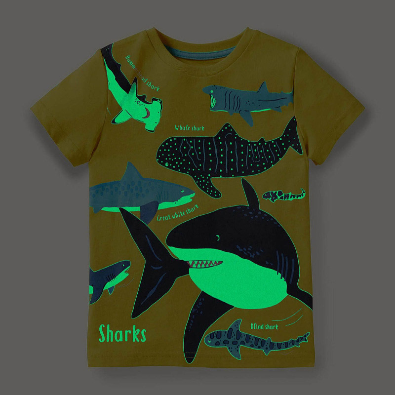 Come4buy.com-ファッション子供発光恐竜サメ漫画 T シャツ