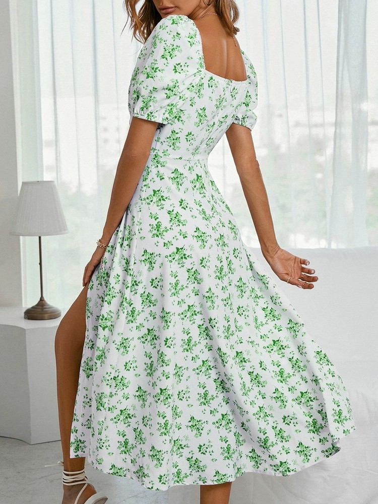 come4buy.com-Kvetinové šaty so zaväzovaním na stehnách s predným naberaným rukávom