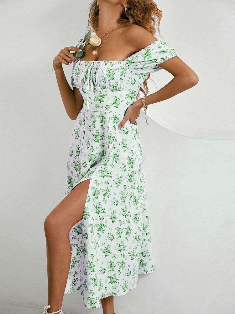 come4buy.com-Floral Split Thigh Tie Front Puff Sleeve Ruched Bust Dress