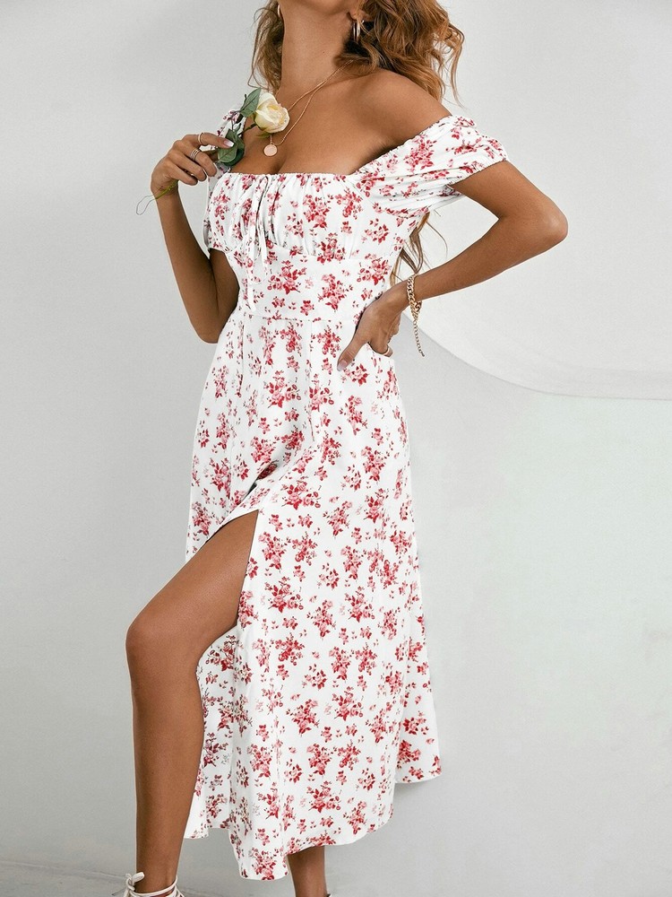 come4buy.com-Floral Split Thigh Tie Front Puff Sleeve Ruched Bust Kjole
