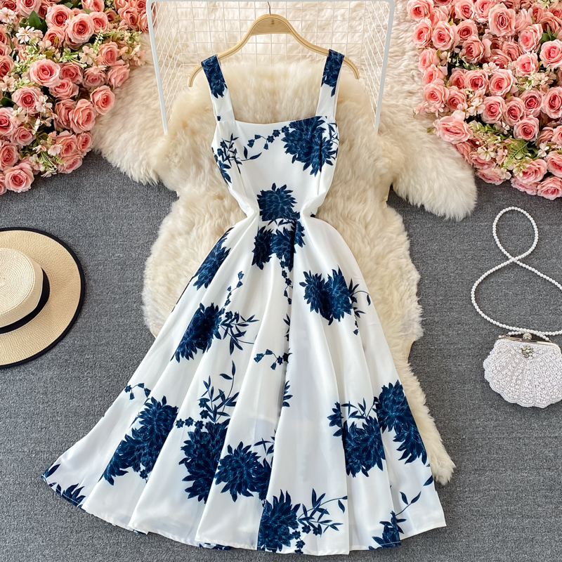 come4buy.com-Vintage Blue Floral Midi Dress High Waist Big Swing