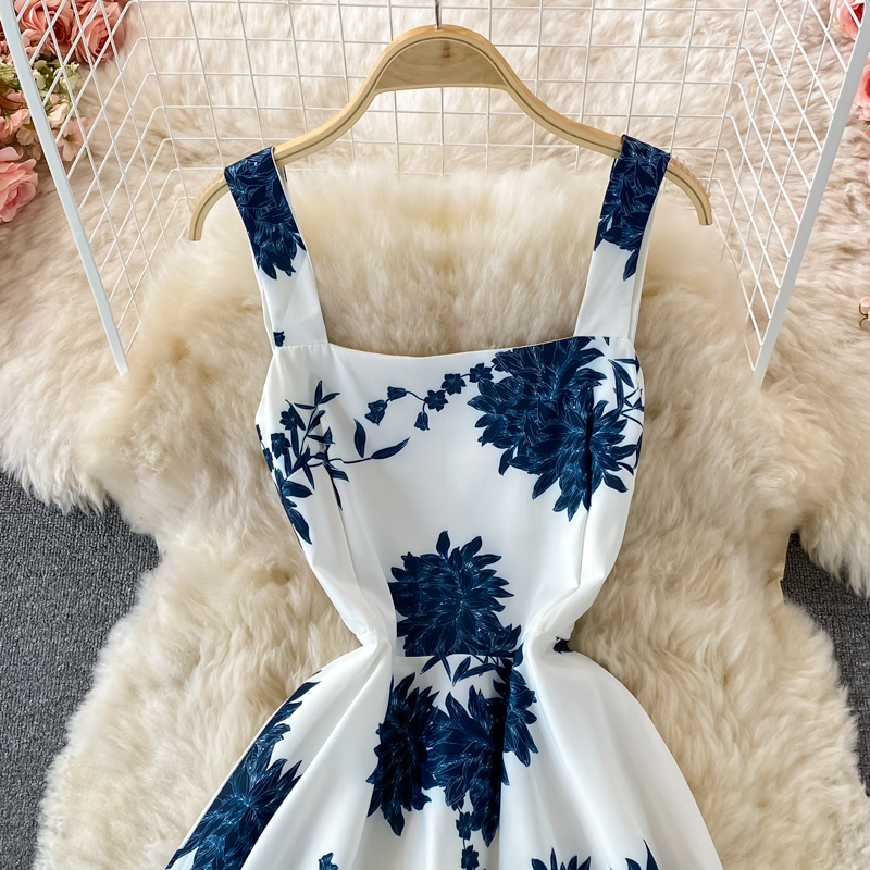 come4buy.com-Vintage blauwe gebloemde midi-jurk hoge taille grote schommel