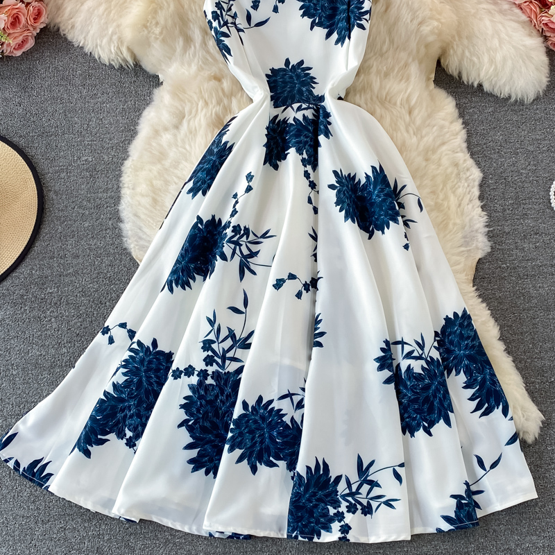 come4buy.com-Vintage Niebieska sukienka midi w kwiaty z wysokim stanem, duża huśtawka