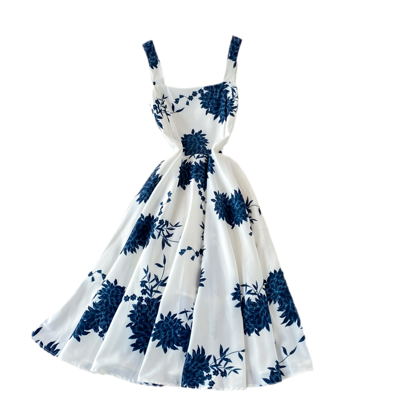come4buy.com-Vintage Blue Floral Midi Dress High Waist Big Swing