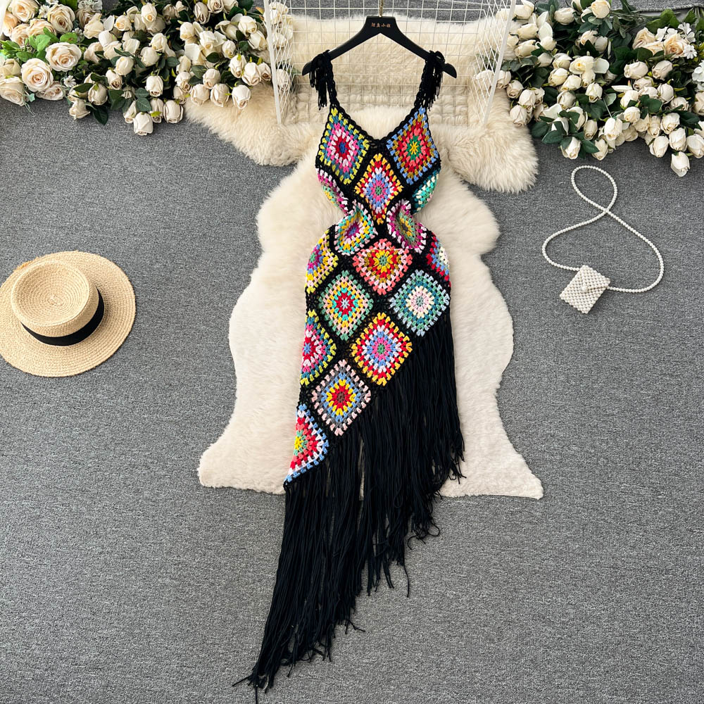 come4buy.com-Plaid Elastic Tassel Long Dress Irregular Knitted Backless Maxi Dress
