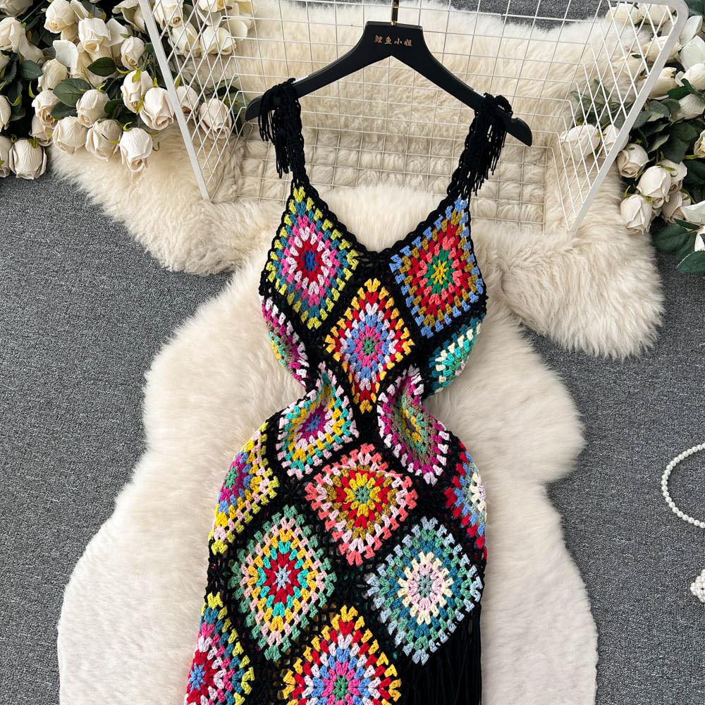come4buy.com-Plaid Elastic Tassel Long Dress Irregular Knitted Backless Maxi Dress