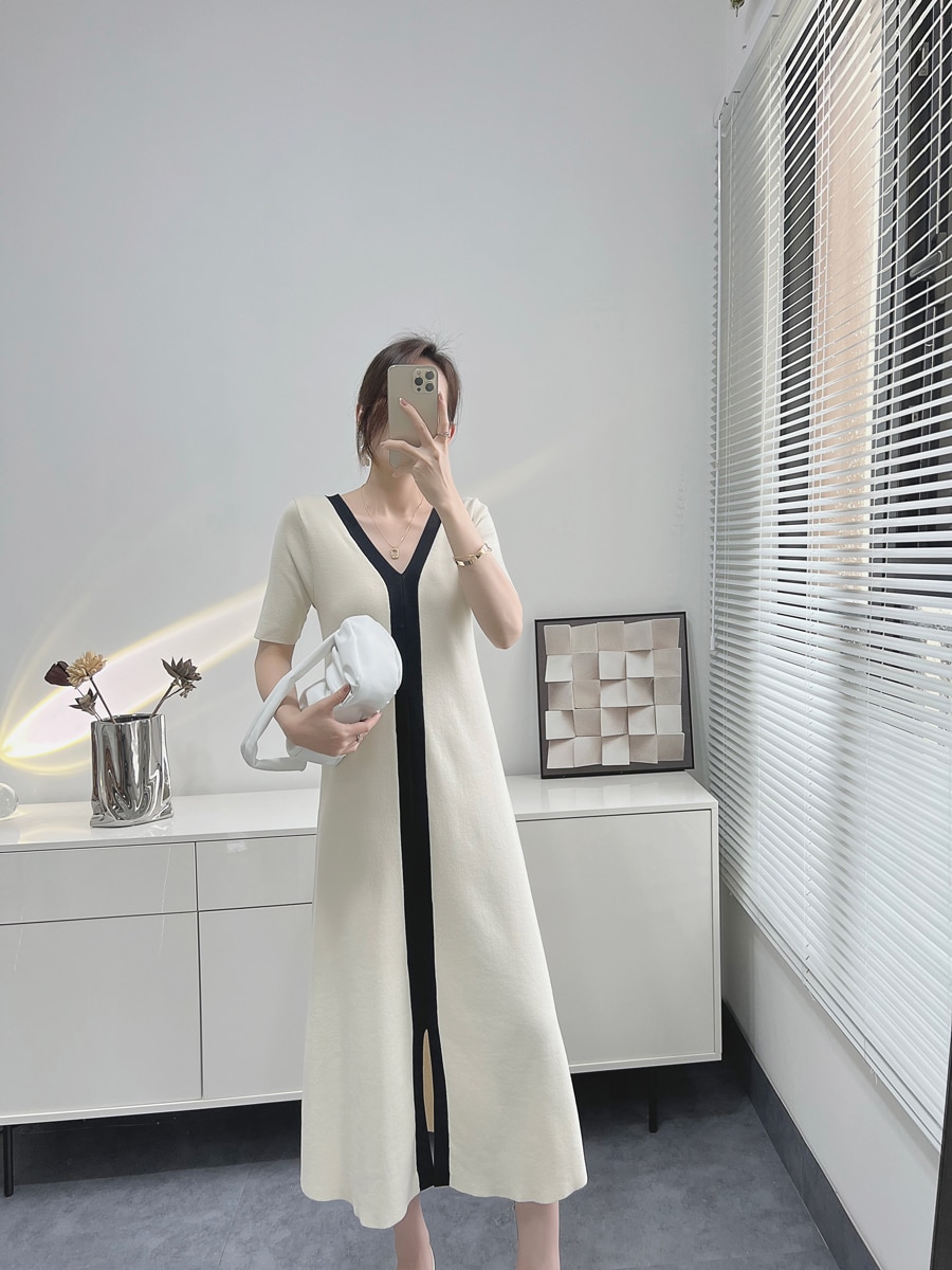 come4buy.com-优雅复古短袖针织修身超长连衣裙