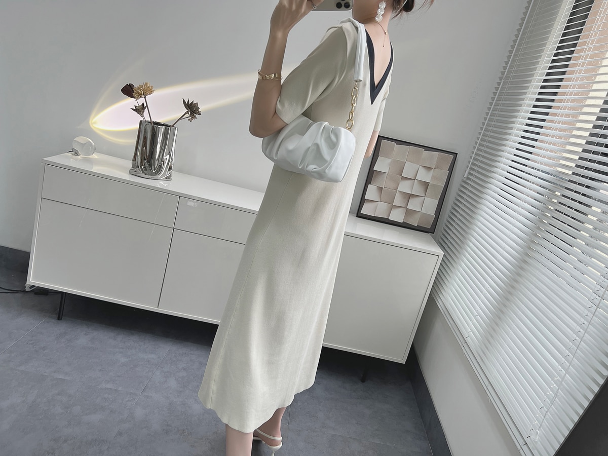 come4buy.com-优雅复古短袖针织修身超长连衣裙