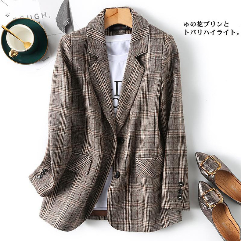 come4buy.com- Office Ladies Plaid Blazer Long Sleeve Loose Plaid Coat Jacket