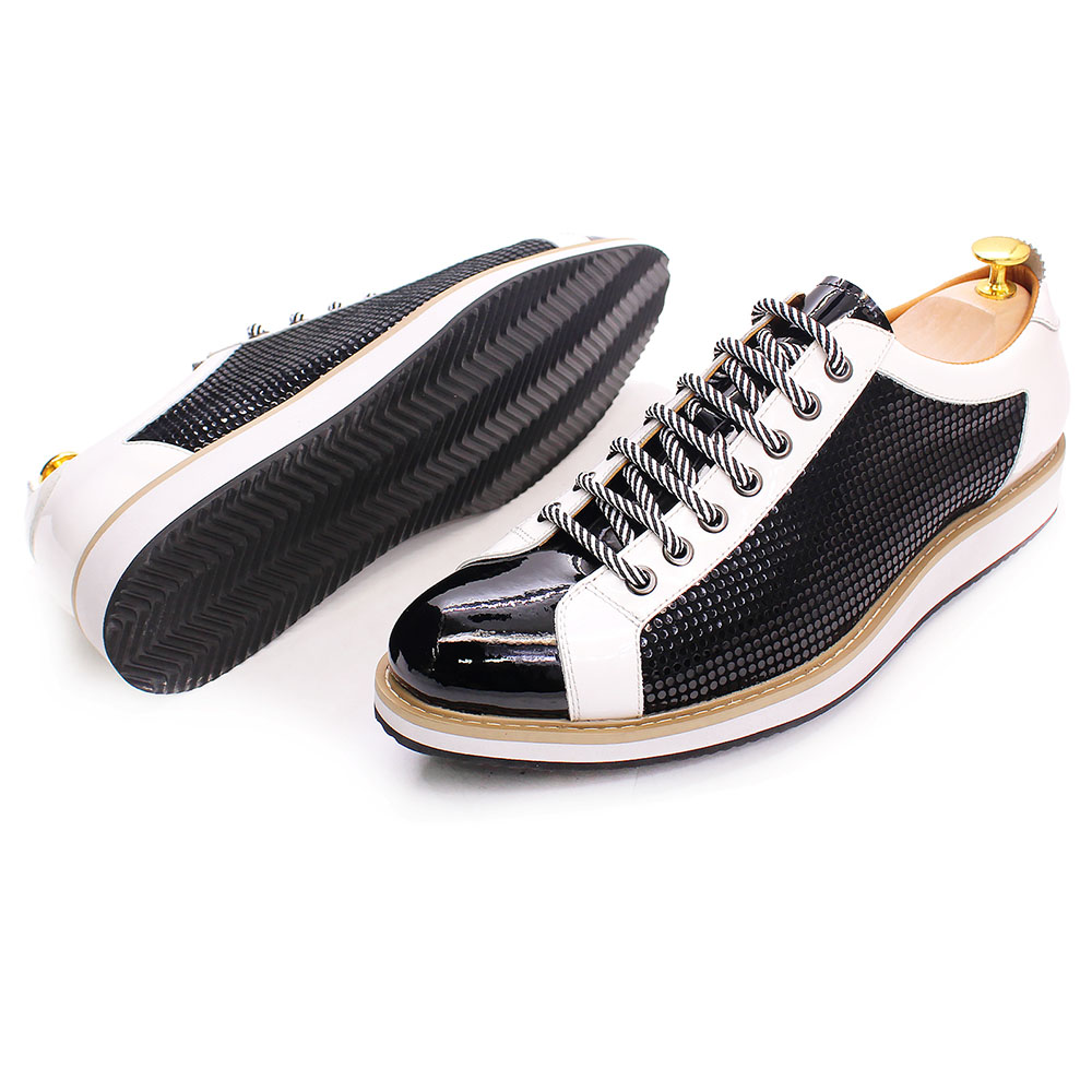come4buy.com-მამაკაცის ბრტყელი სპორტული ფეხსაცმელი პატენტის ტყავი შავი თეთრი ჩვეულებრივი სპორტული ფეხსაცმელი