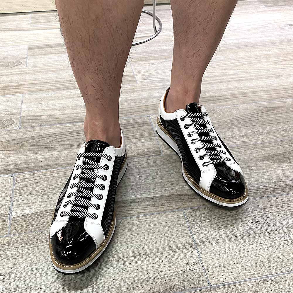 come4buy.com-მამაკაცის ბრტყელი სპორტული ფეხსაცმელი პატენტის ტყავი შავი თეთრი ჩვეულებრივი სპორტული ფეხსაცმელი