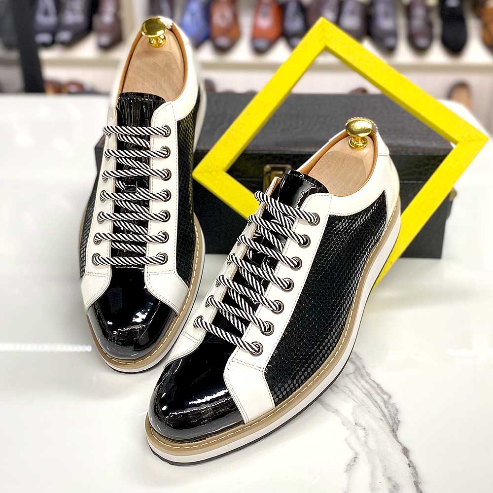 come4buy.com-Men Flat Sneakers Patent Leather Black White Casual Sport Shoes