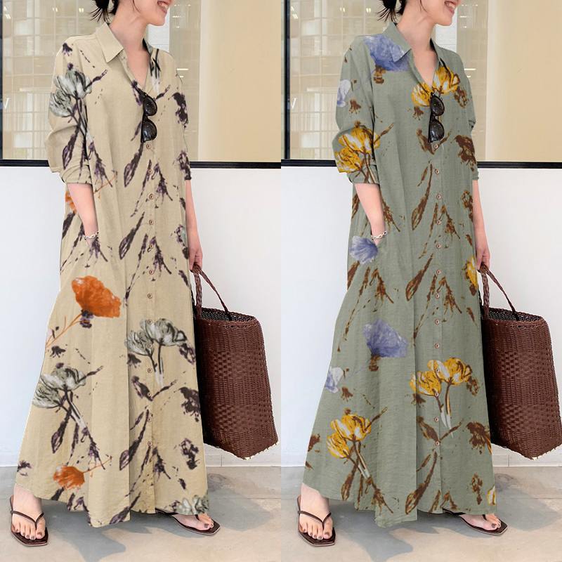 come4buy.com-Ethnic Figure Print Lapel Long Sleeve Shirt Pocket Women Maxi Dress