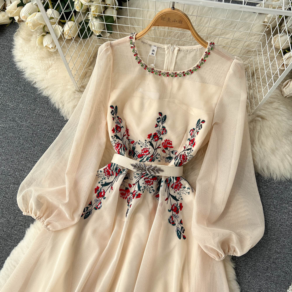 come4buy.com-Beige Beading Embroidered Long Dress For Women