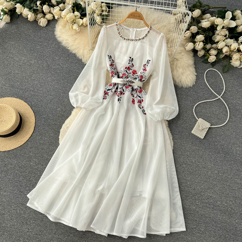 come4buy.com-Beige Beading Embroidered Long Dress For Women