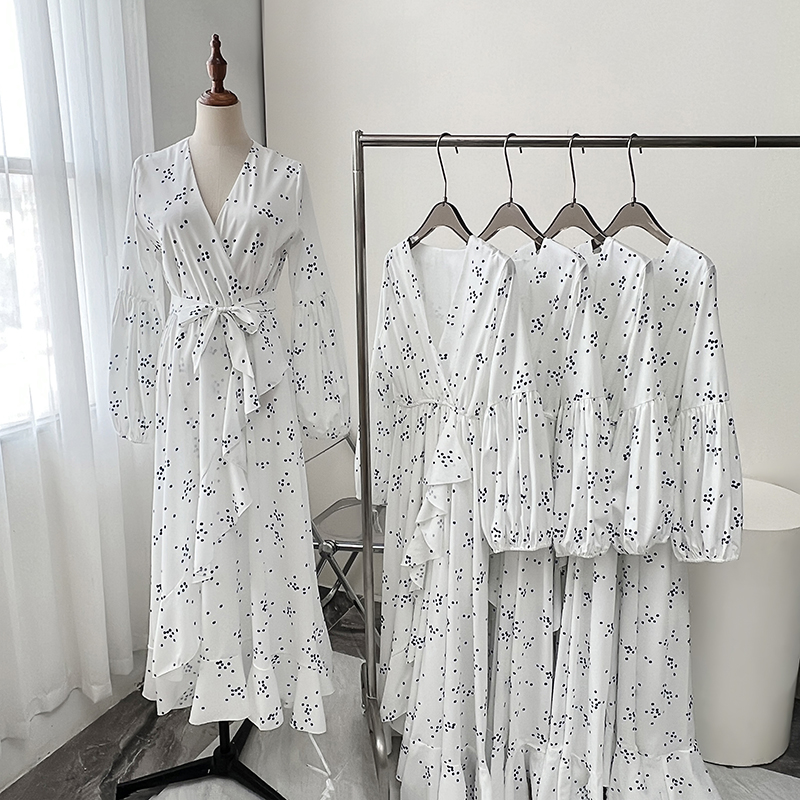 come4buy.com-White Chiffon Blue Polka Dot Long Dresses