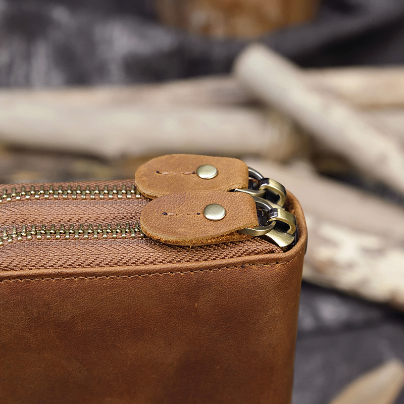 come4buy.com-Crazy Horse Leather Double Zipper Long Wallet