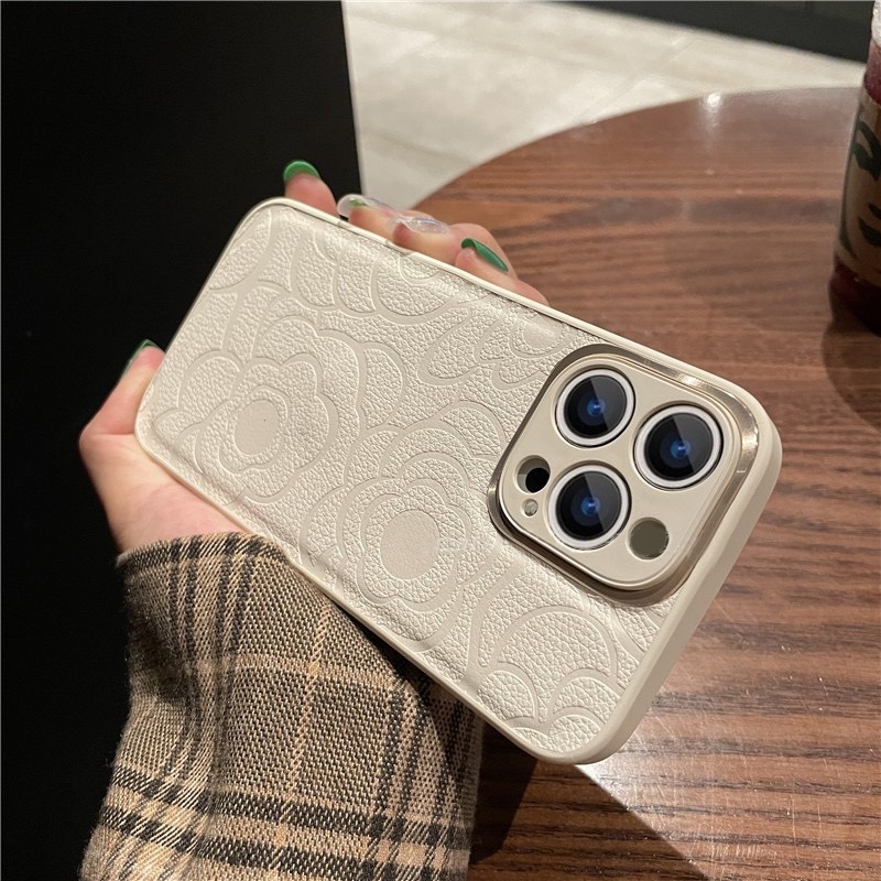 come4buy.com-Fall fir iPhone 14 Camellia Muster Embossed Protective Cover