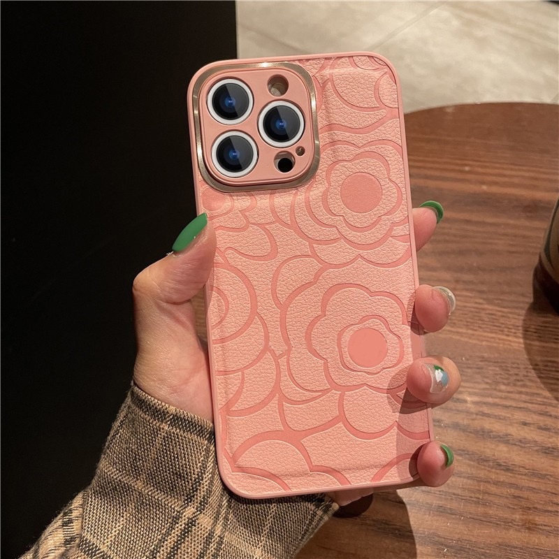 come4buy.com-Case kanggo iPhone 14 Pola Camellia Embossed Protective Cover